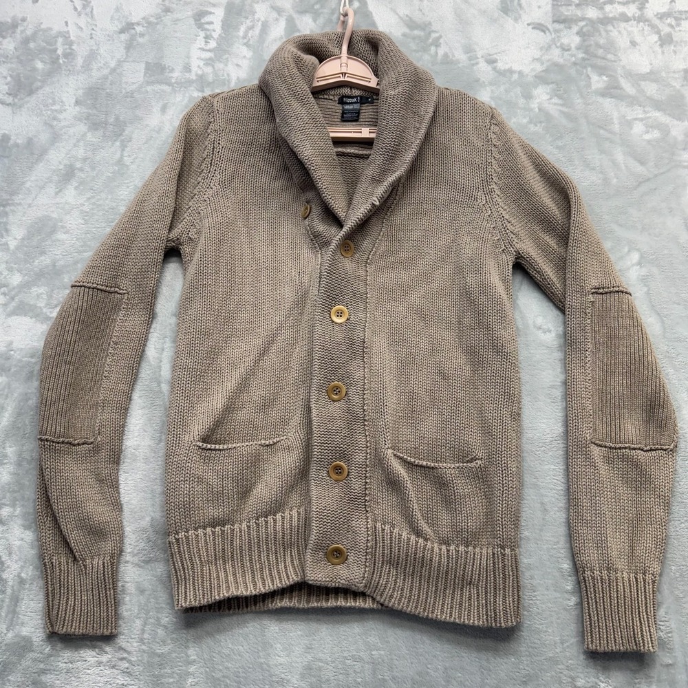Filippa K Man Cardigan Medium Tan Patched Elbows Sweater Linen Blend Pockets Vtg